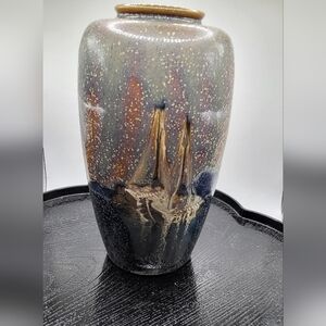 Multicolor Glazed Ceramic Vase. Ships Sailing At Night. Beautiful Piece